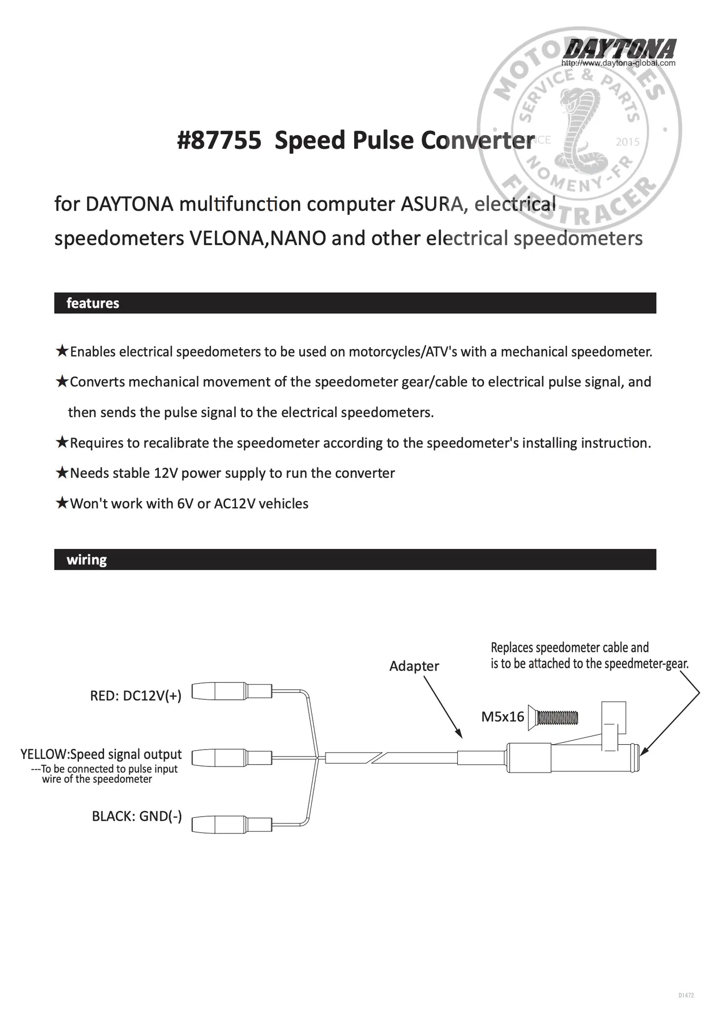 Kit Compteur de Vitesse DAYTONA Velona 60 mm - 200 km/h Firstracer